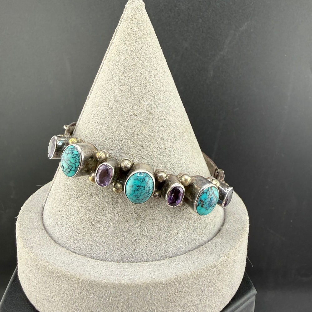 Vintage Sterling Silver Blue Purple Stone Bangle Bracelet Signed Southwestern 7"